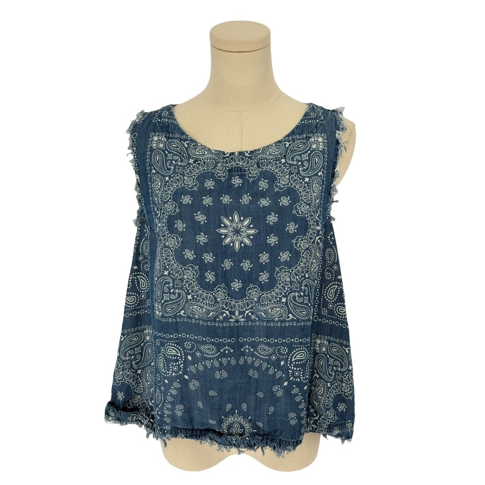 For The Republic Denim Tank Top Blue Bandana Paisley Print Frayed Large